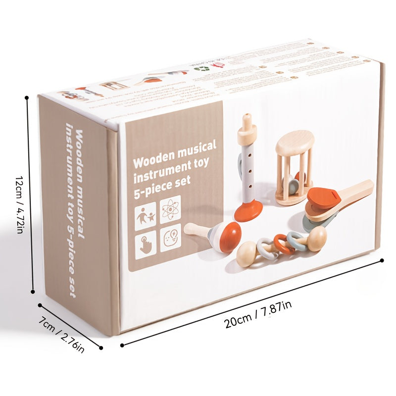 Wooden musical instruments set for toddlers including trumpet, maracas, and rattles.