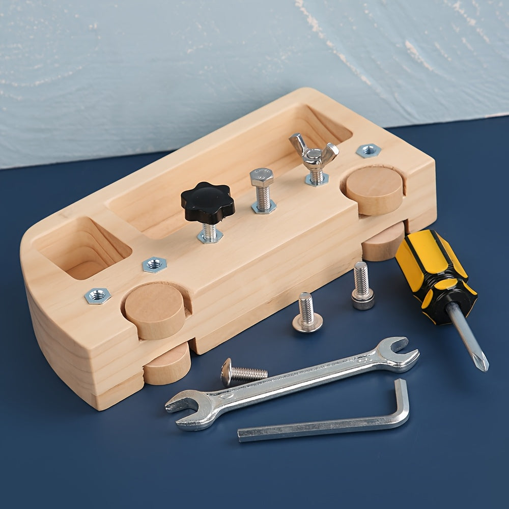 Wooden Tool Kit with child-friendly screwdriver and screws, promoting fine motor skills, hand-eye coordination, and problem-solving for children.