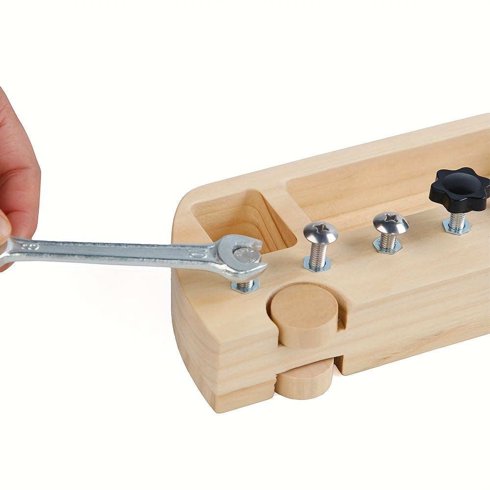 Close-up of a child’s hands tightening screws with a wooden screwdriver from a durable, educational tool kit.
