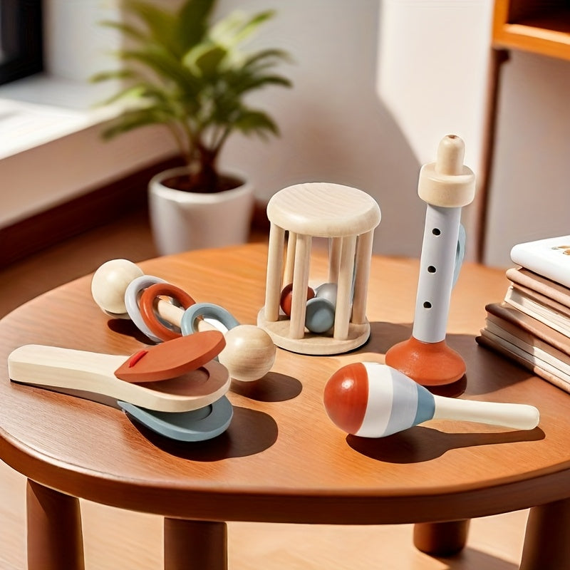 Child-friendly musical instruments set with trumpet, maracas, castanets, cage rattle, and three-ring rattle, designed to support sensory exploration, rhythm learning, and fine motor development in young children.