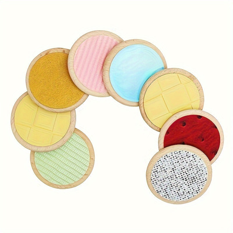 Educational infant sensory set with wooden textured shapes to foster fine motor and cognitive development.