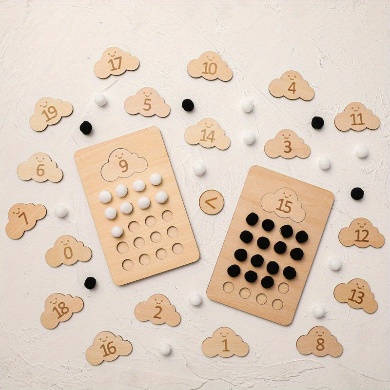Educational wooden cloud number board featuring black and white pompoms for hands-on counting and fine motor practice.