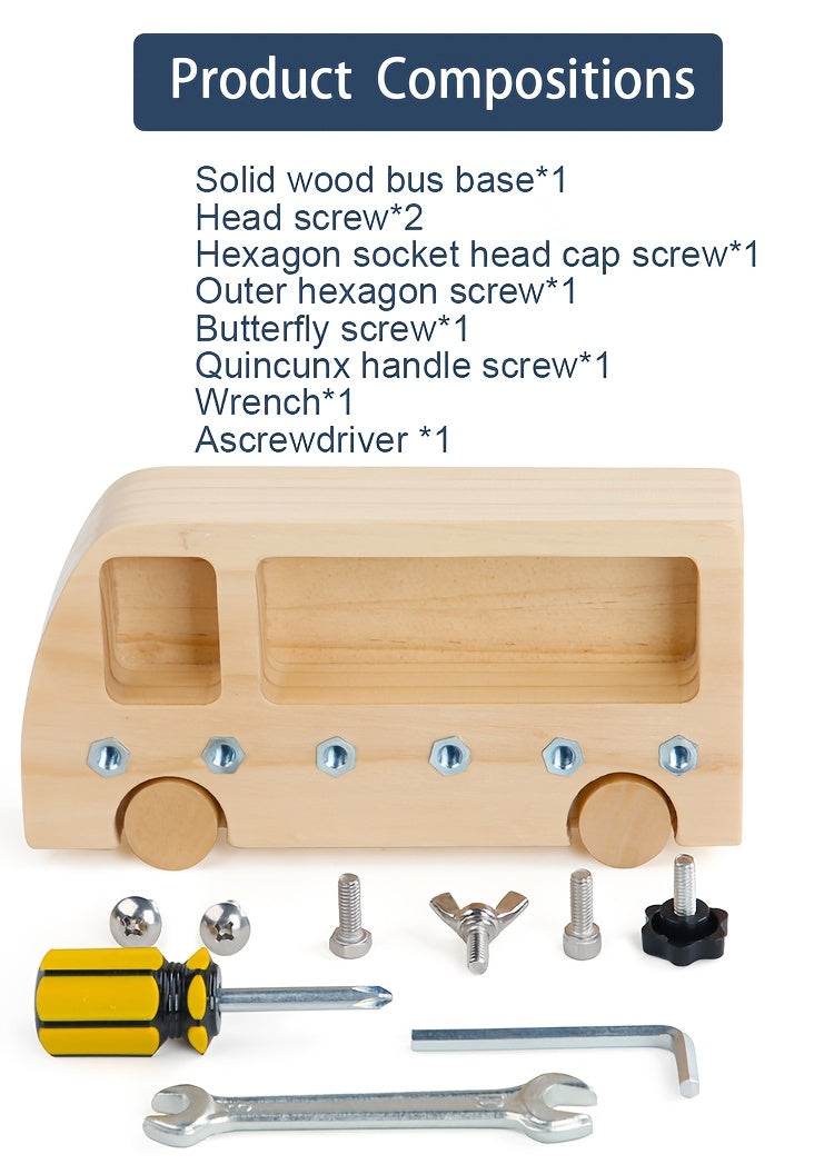Wooden Tool Kit with child-friendly screwdriver and screws designed for imaginative play and early problem-solving.