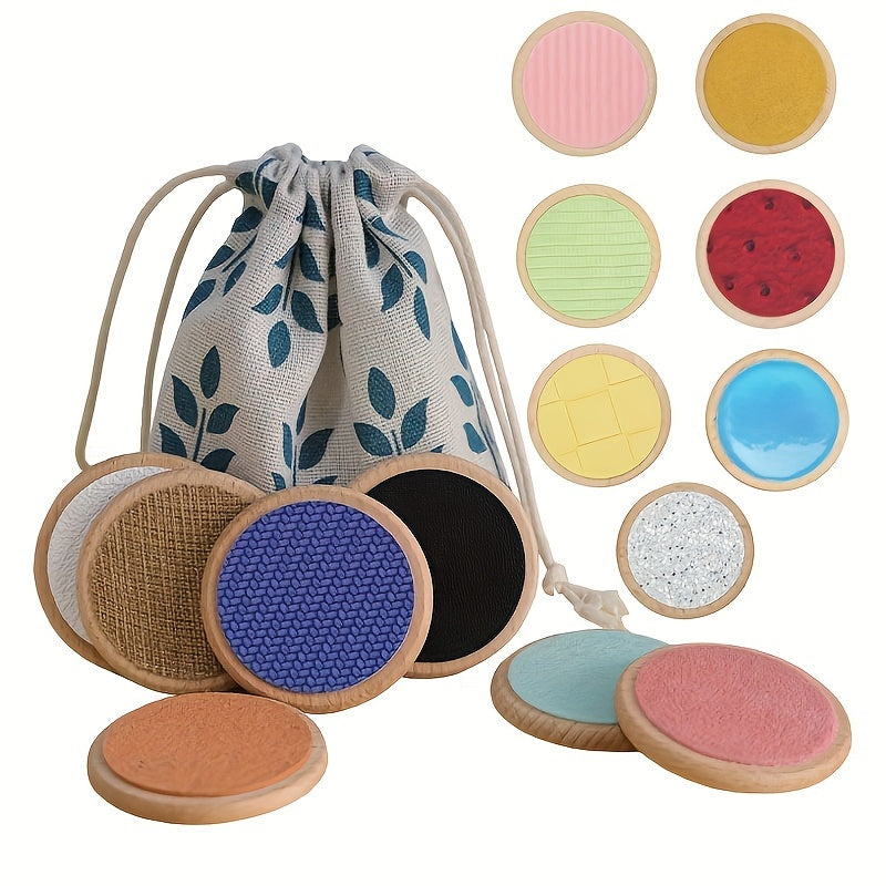 Infant developmental toy set including wooden textured pieces for sensory play and early brain development.