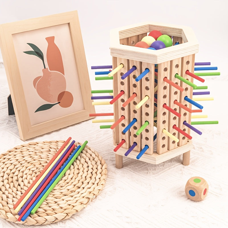 Educational stacking game using colorful wooden sticks to teach counting and coordination.