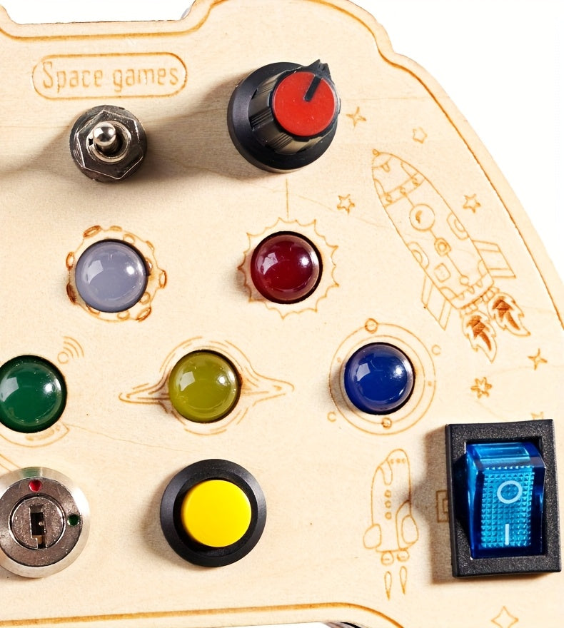 Promote cause-and-effect with interactive buttons and power switch on space toy.