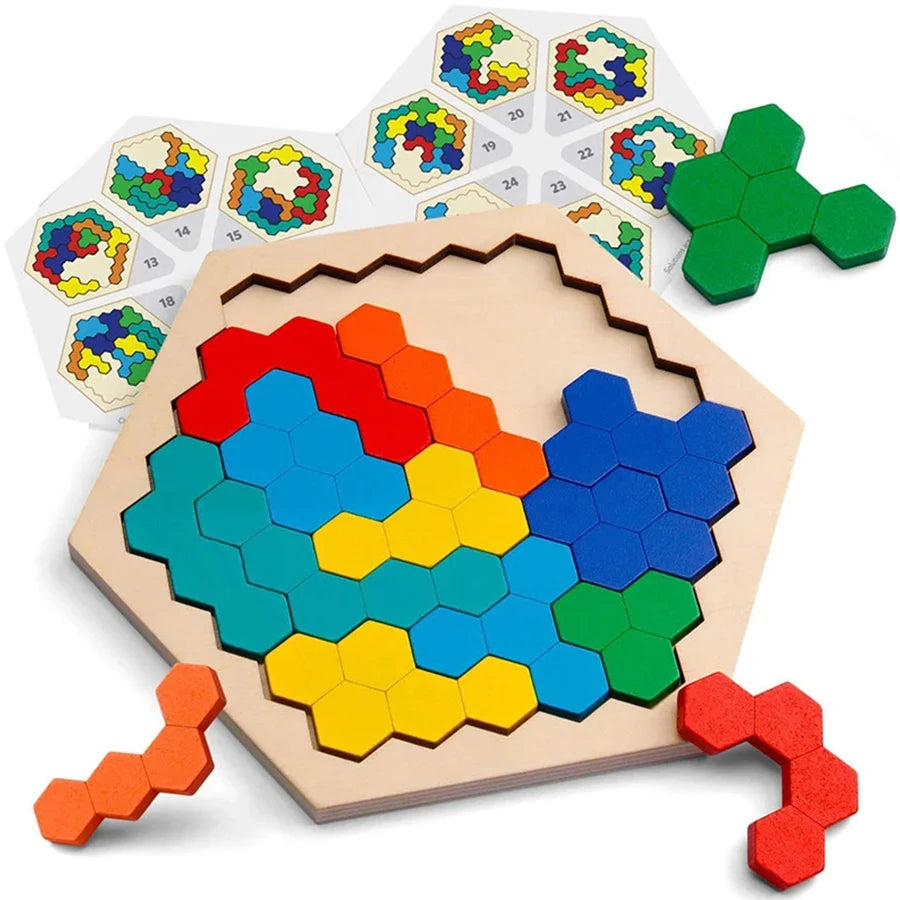 Educational wooden Hexagon Puzzle with reference sheet for guided and flexible play