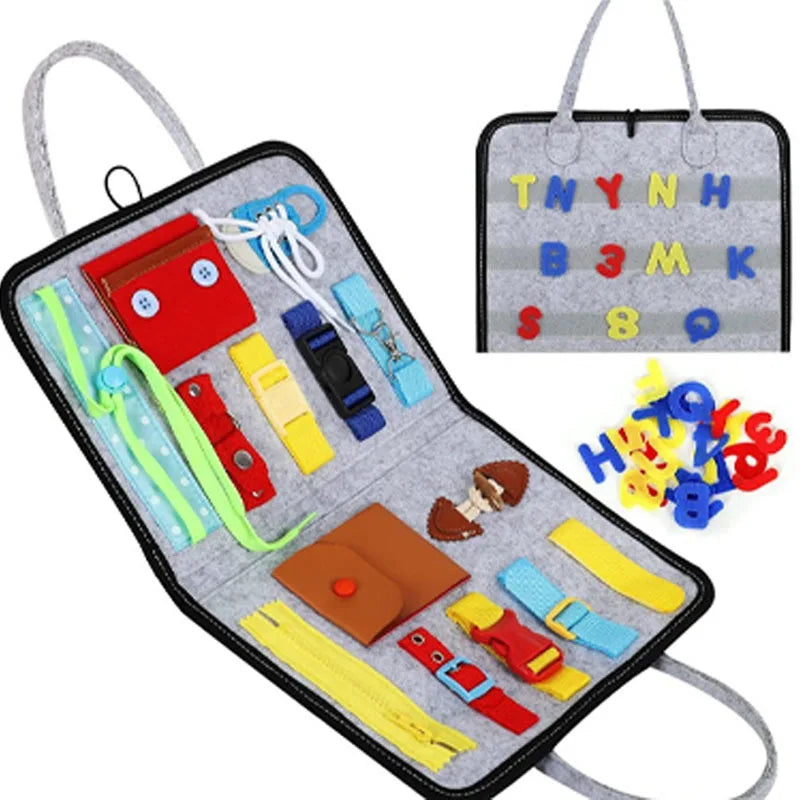 Montessori portable practical life skill busy bag with zipper, button, buckle, and tie activities for toddler fine motor development.