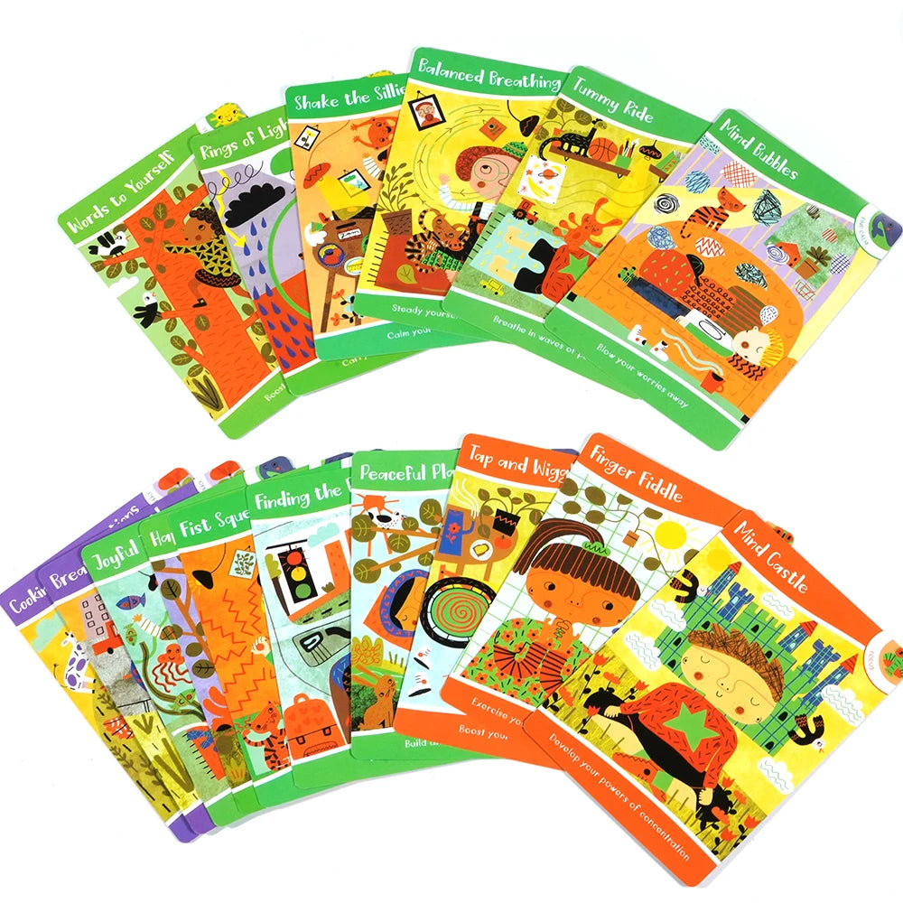 Mindful Kids Cards laid out showing affirmations and calming exercises