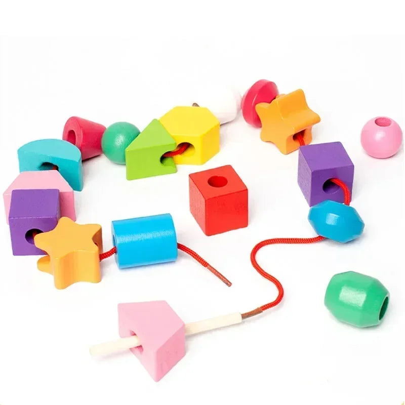 Educational threading toy encouraging pattern-making and spatial reasoning