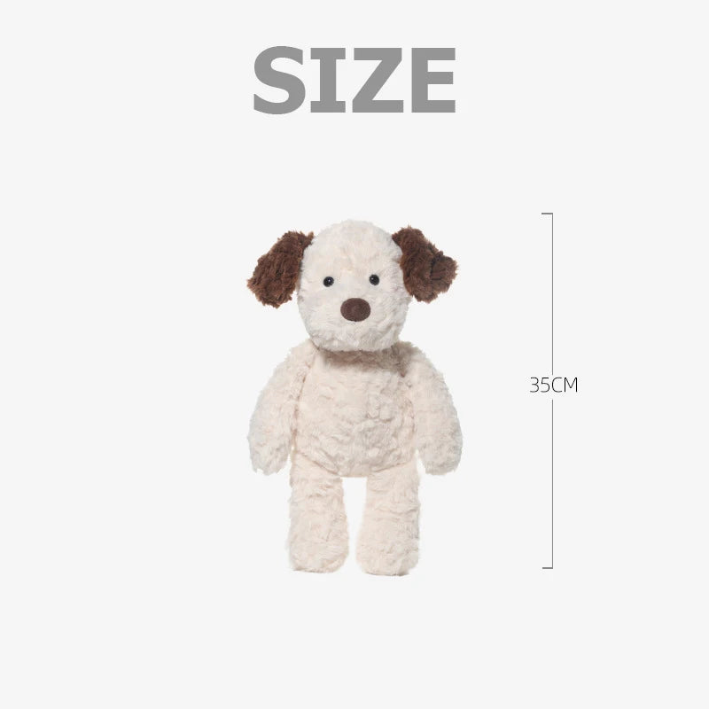 Stuffed dog toy with size measurement on a white background