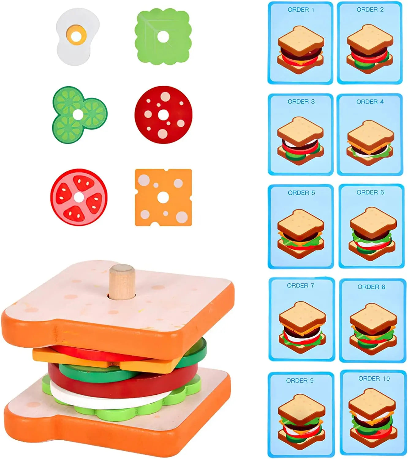 Educational sandwich stacking toy with 10 cards promoting creativity and food recognition