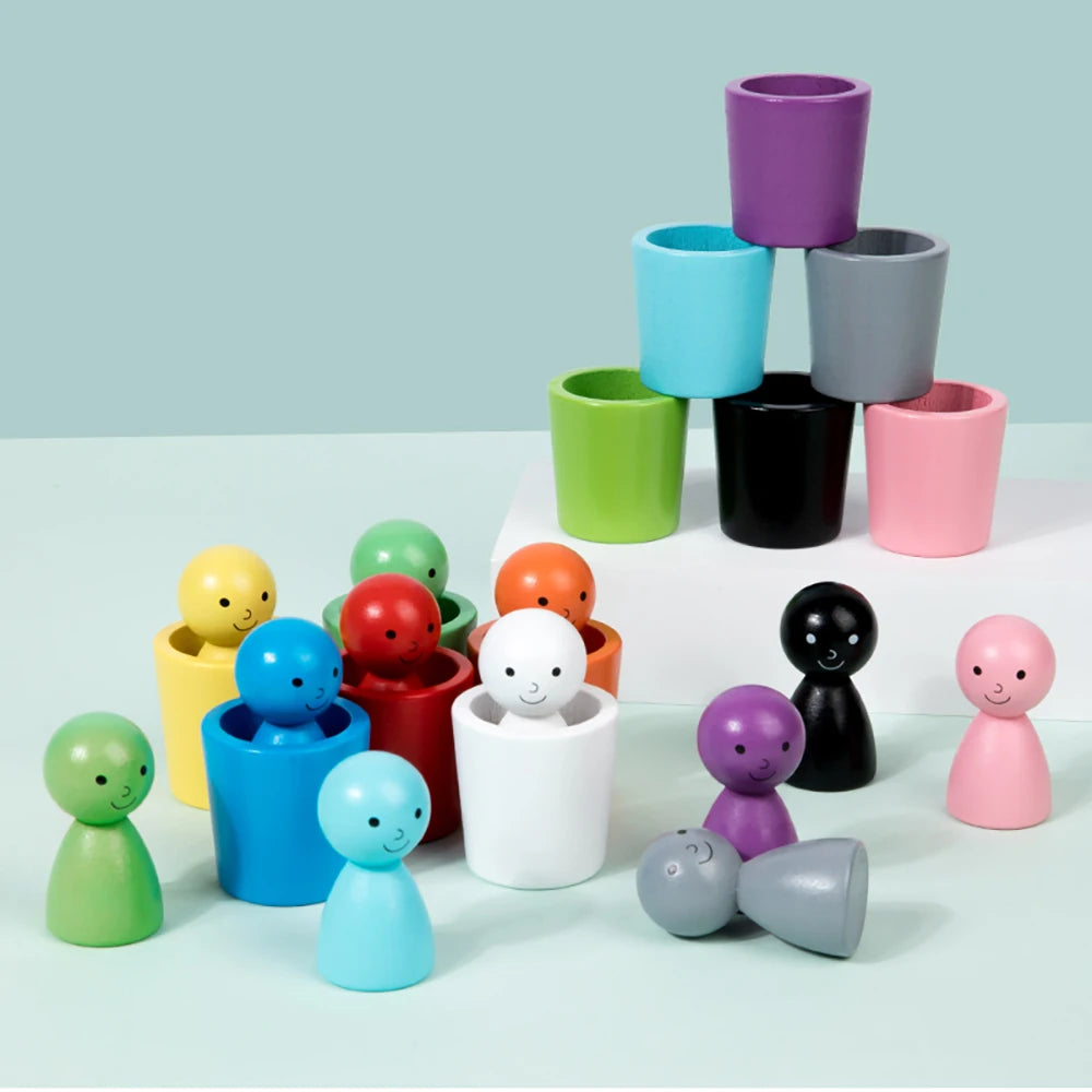 Montessori colour sorting peg set with 12 wooden cups and matching pegs; toddler toy for fine motor skills and color matching