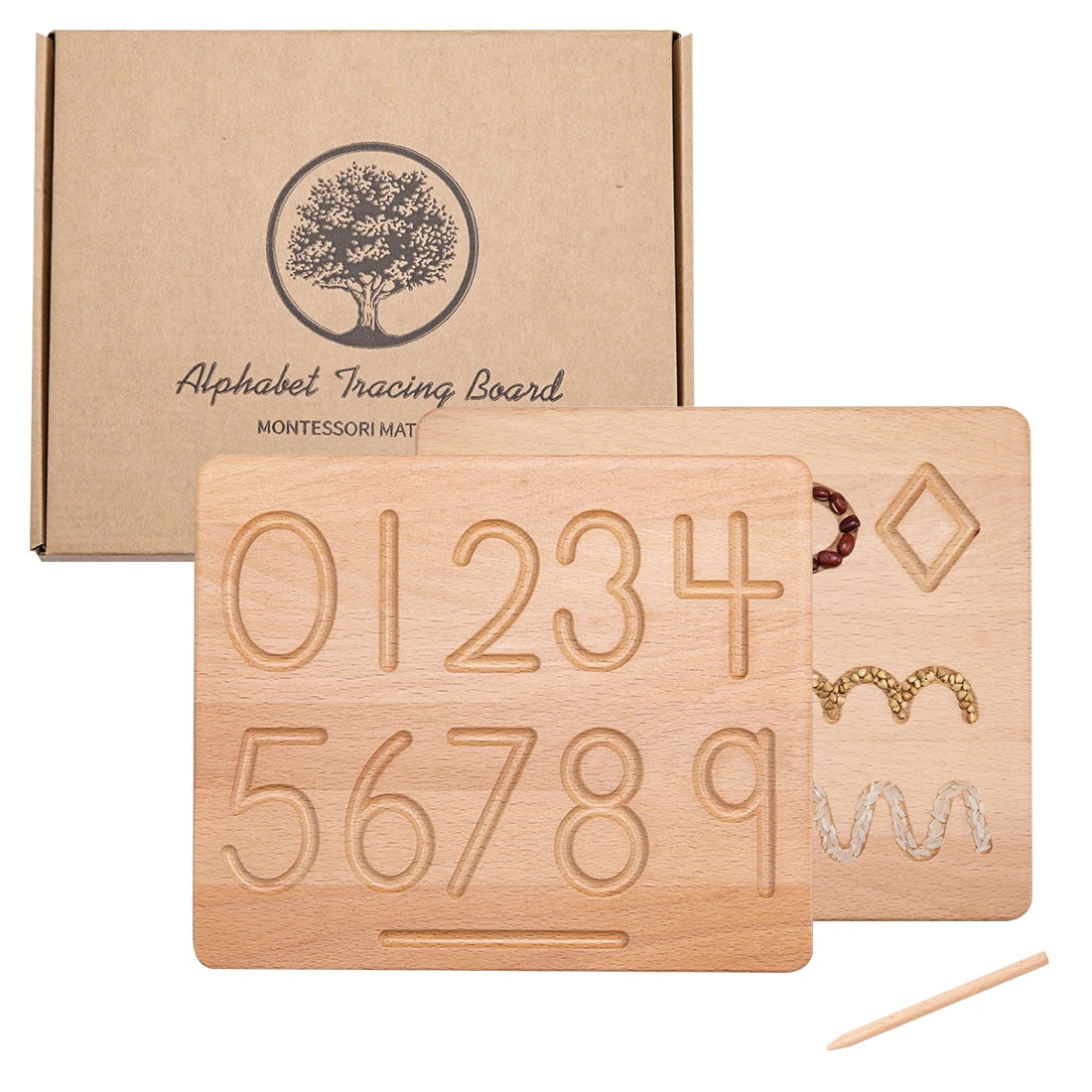Montessori wooden number and line tracing board with stylus for early math and writing practice; Double-sided Montessori wooden tracing board for fine motor skill development