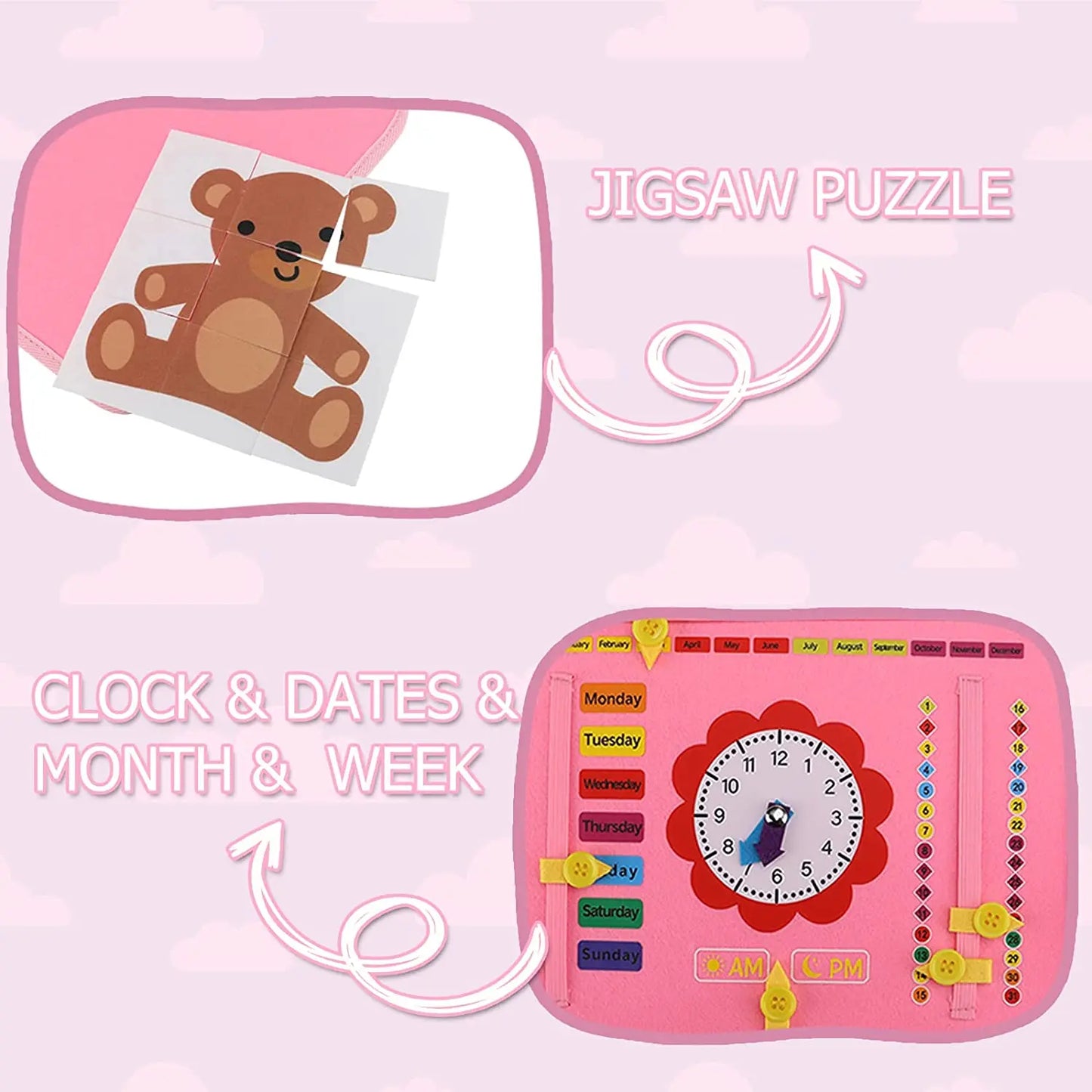 Educational pink busy board designed to teach buttoning, zipping, and fastening