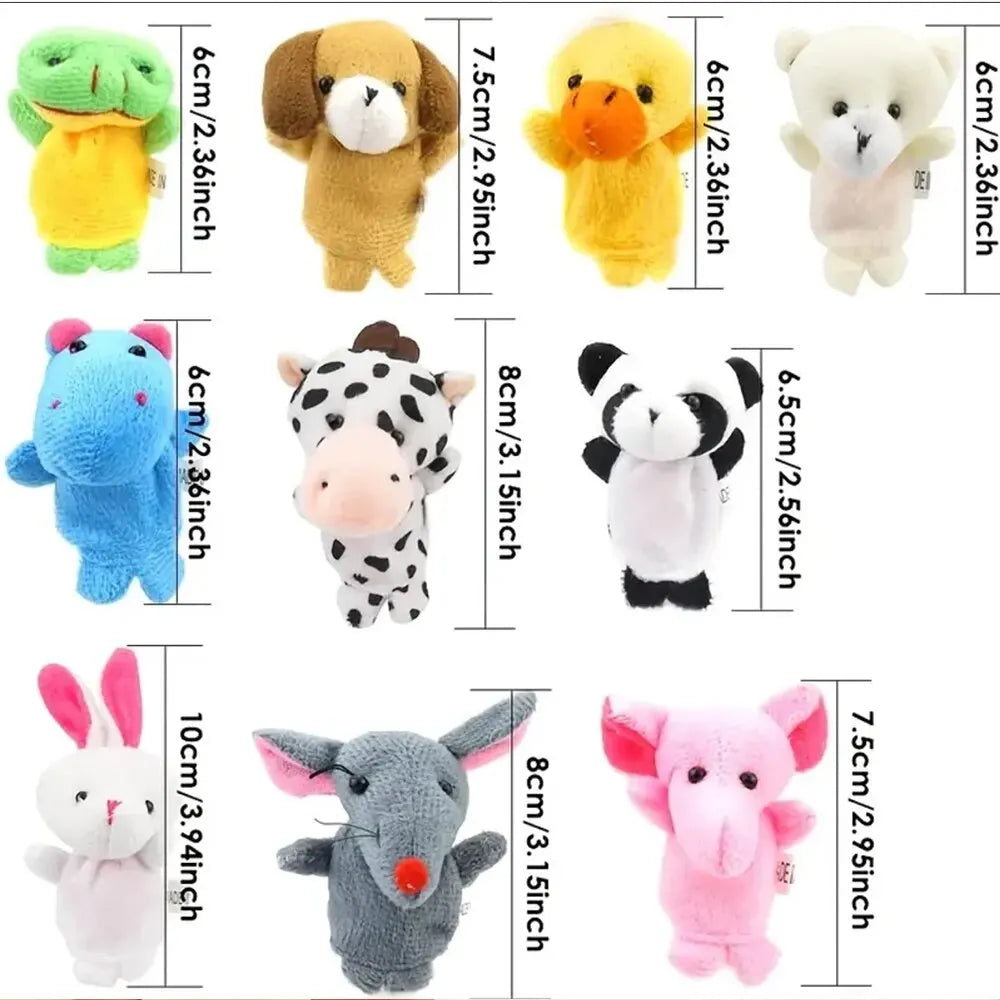 Cute cattle and frog plush finger puppets made from safe, gentle materials for toddlers’ playtime.