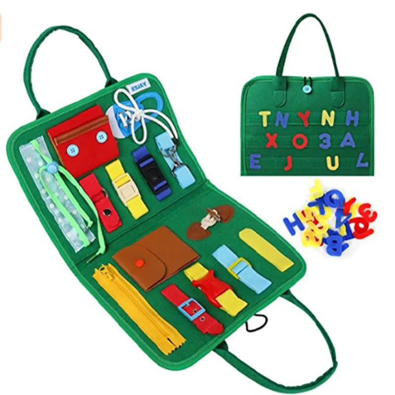 Close-up of Montessori busy bag featuring hands-on activities like zipper, button, buckle, and tie for self-dressing practice.