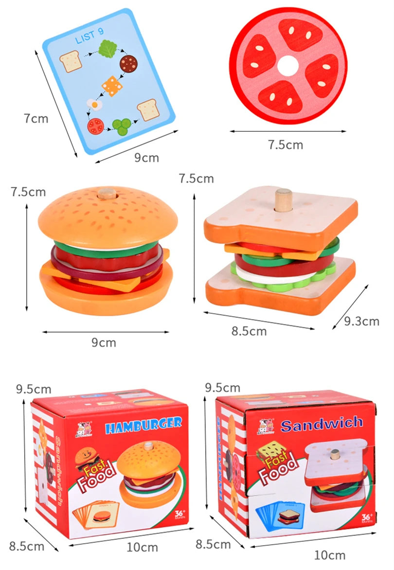 Colorful sandwich stacking toy pieces with bread, cheese, lettuce, and tomato shapes for kids