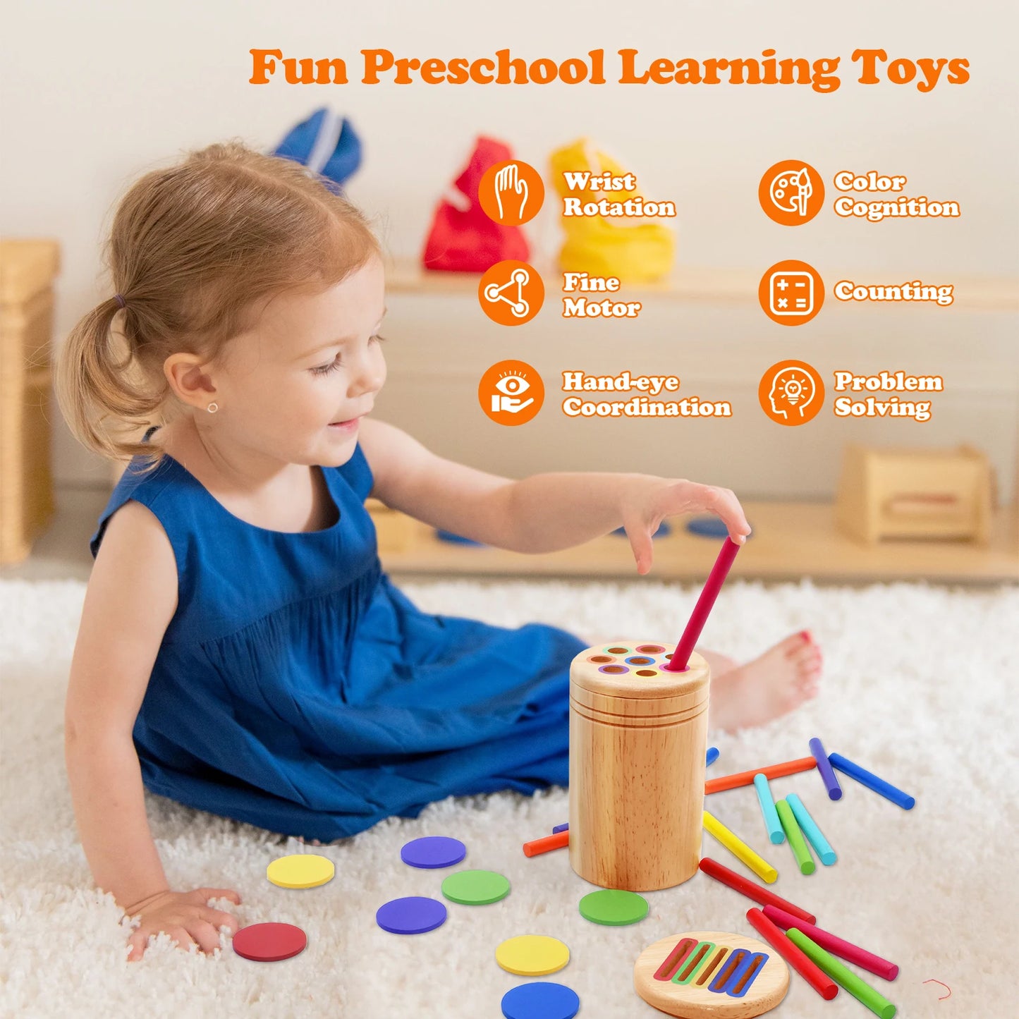 Educational Montessori Tube and Circle Slot toy improving fine motor skills and colour sorting