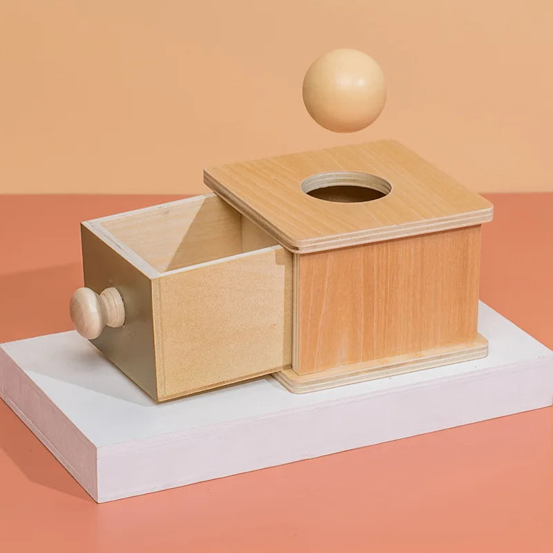 Wooden Montessori object permanence box with pull-out drawer