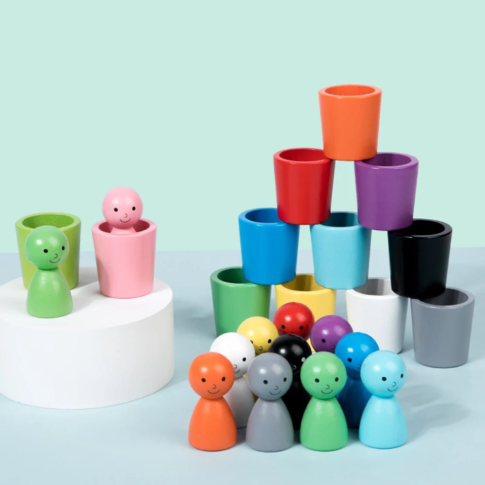 Educational Montessori colour sorting toy featuring 12 wooden cups and pegs for sorting and matching activities.