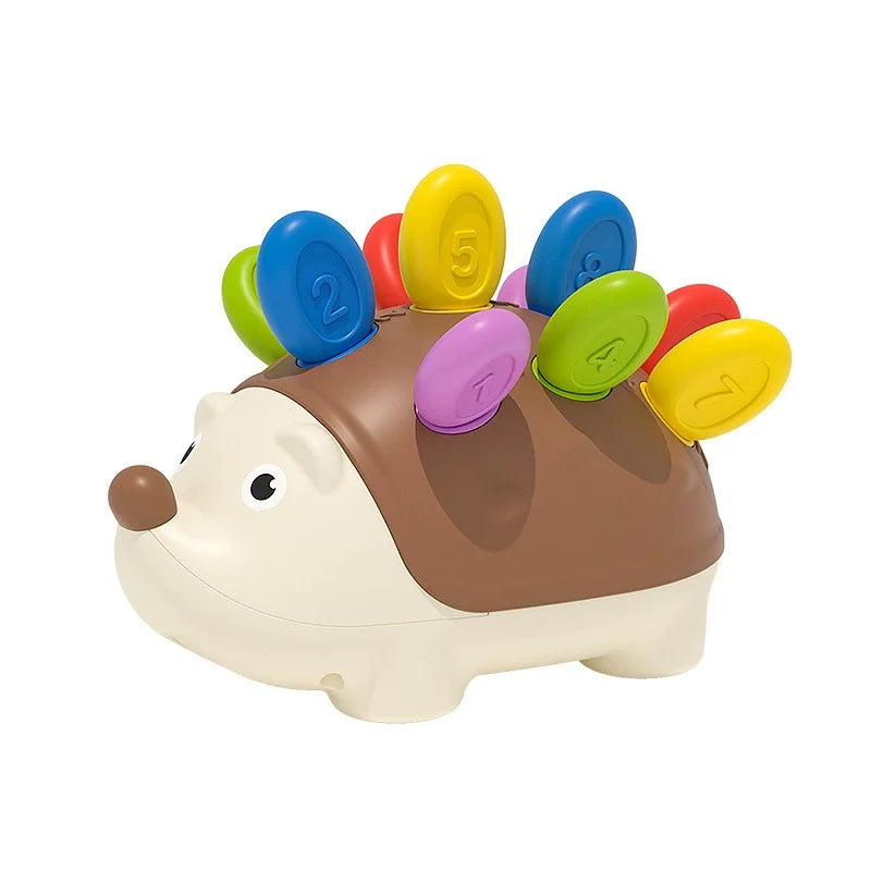 Educational sensory hedgehog toy with numbered pegs that supports number recognition and dexterity for young children.