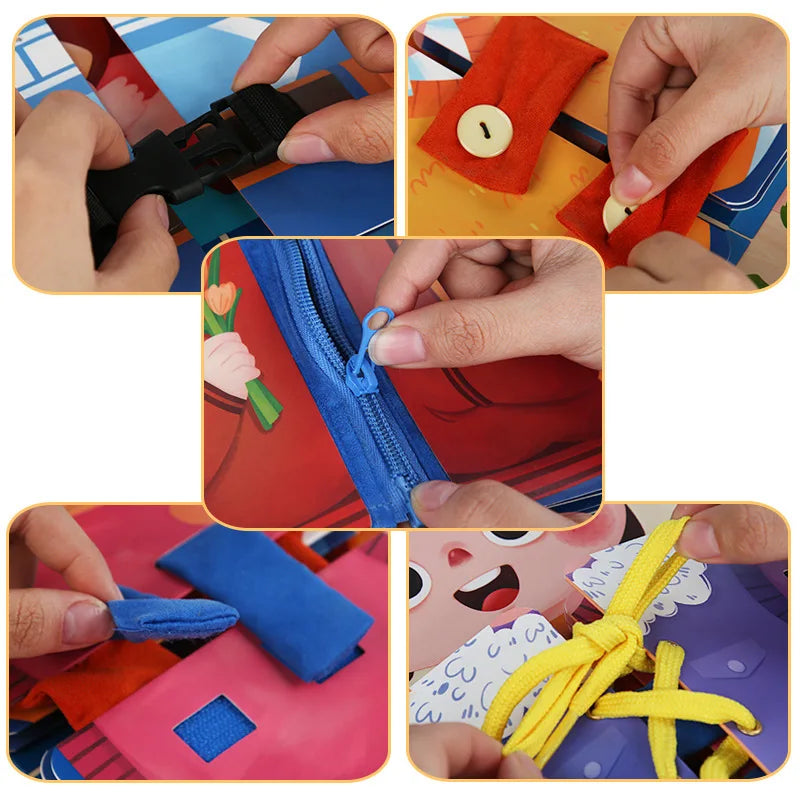 Close-up of Montessori activity book showing zipper, button, and tie exercises to improve toddler self-dressing skills.
