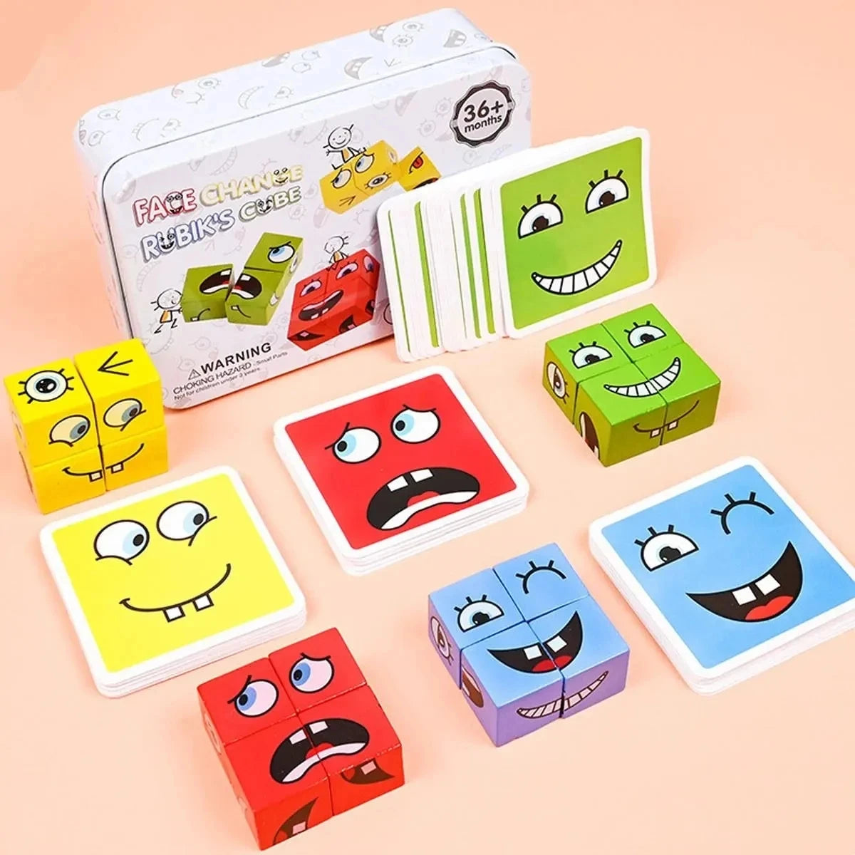 Colorful Face Change Rubik blocks arranged to form creative character faces