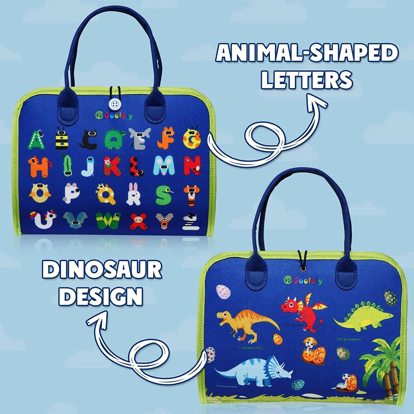 Interactive blue busy board for early learners to practice tying and fastening