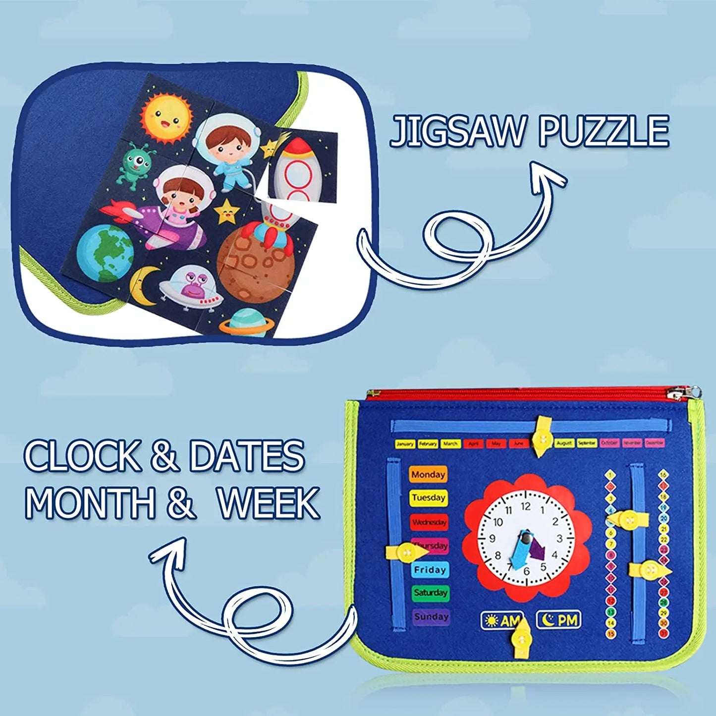Educational blue busy board designed to enhance problem-solving and hand-eye coordination