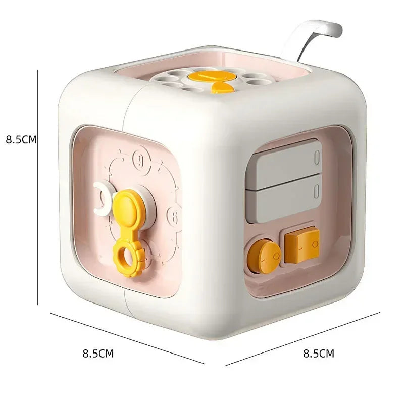 Interactive 6-in-1 busy cube toy with sensory and role-play features