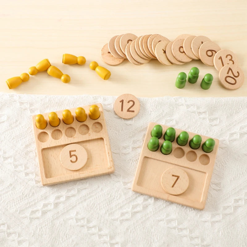 Educational wooden counting peg set for children practicing addition and subtraction