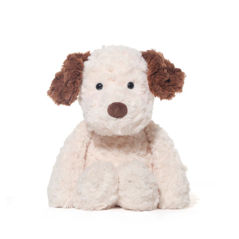 Plush dog toy with brown ears and face on a white background