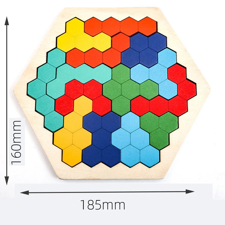 Wooden Hexagon Puzzle pieces arranged to develop cognitive and fine motor skills in kids