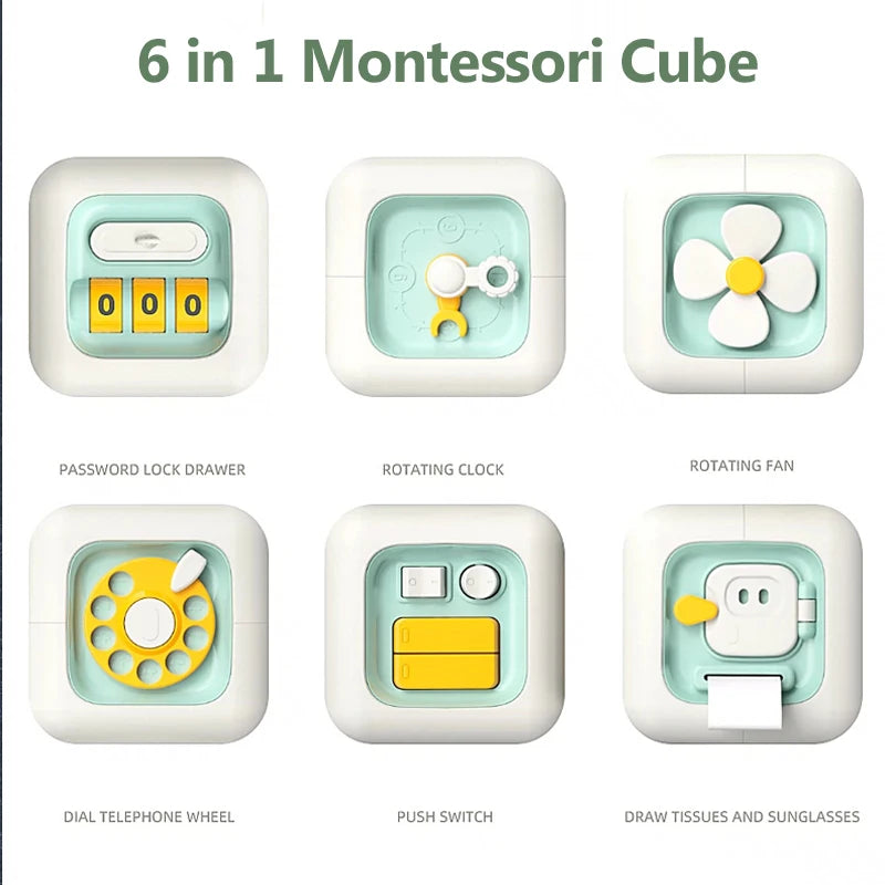 Educational Montessori Busy Cube with lock, clock, fan, telephone wheel, switch.