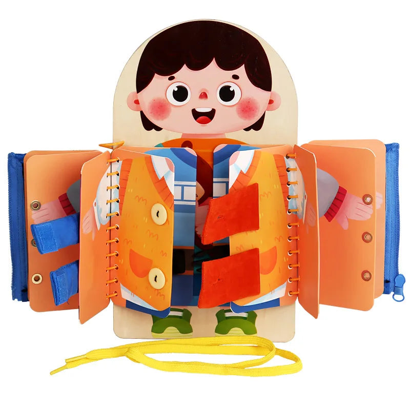Educational Montessori activity book designed to teach toddlers practical life skills like fastening buttons and tying knots.