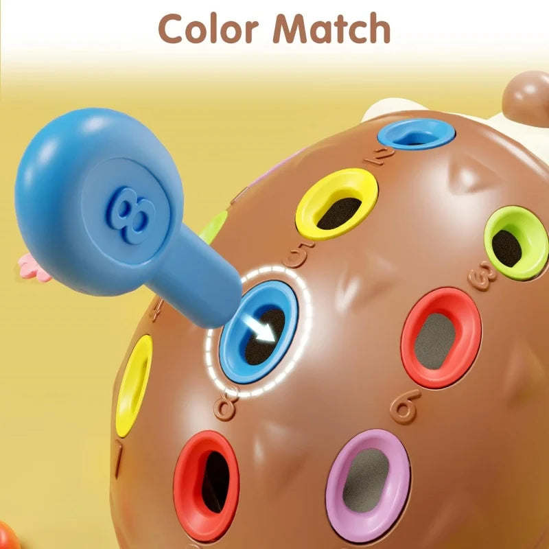 Fine motor skill and number learning toy with colorful pegs on a wooden hedgehog base, perfect for sensory play in babies.