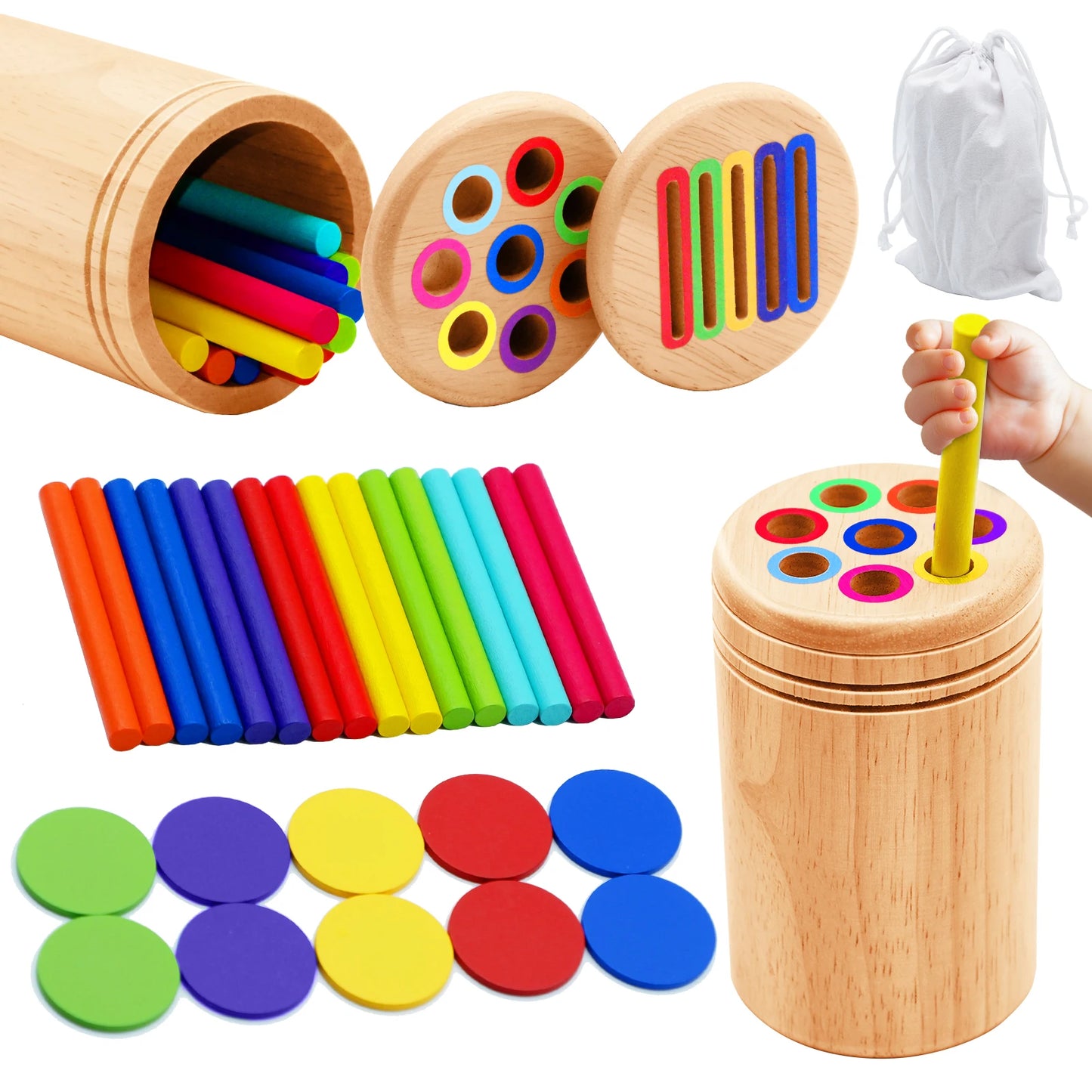 Child inserting circular and tube shapes into Montessori Tube and Circle Slot