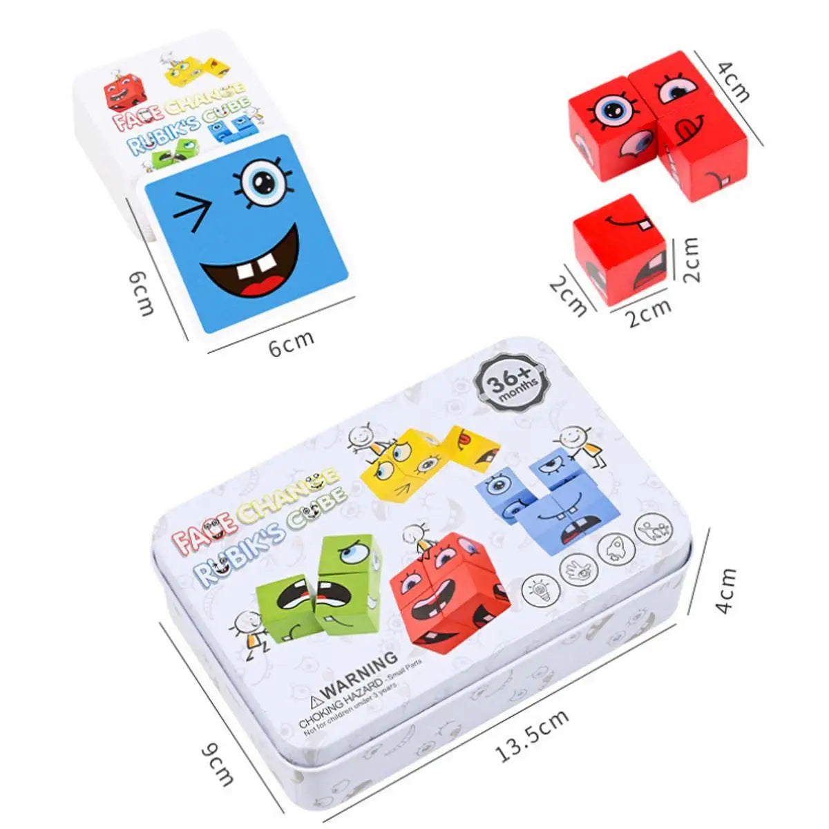Emotion-themed Rubik puzzle for kids in a compact iron storage box