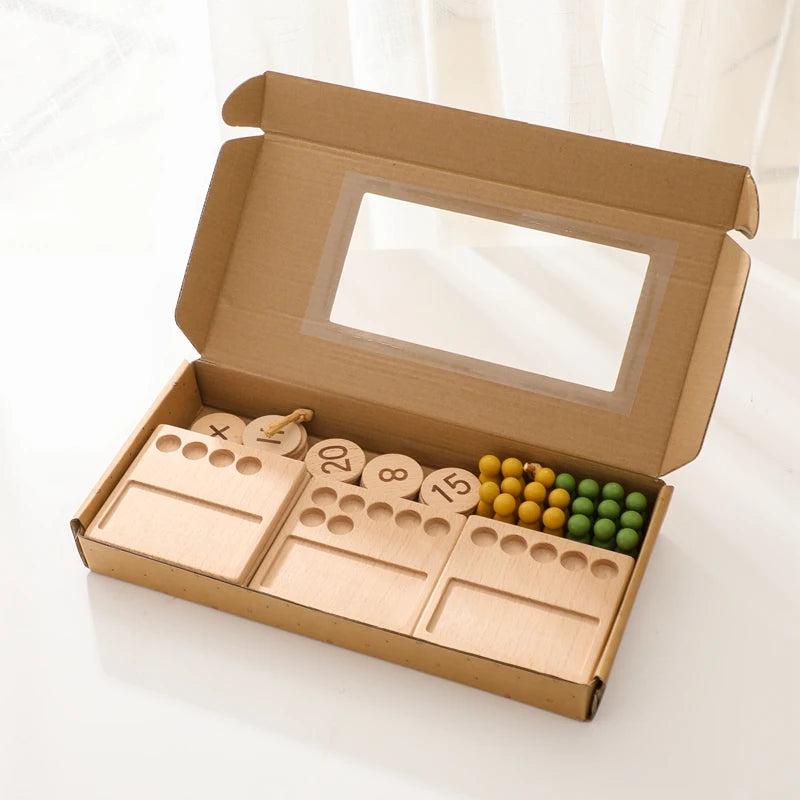 Early math learning toy featuring a wooden peg board for counting, grouping, and number recognition