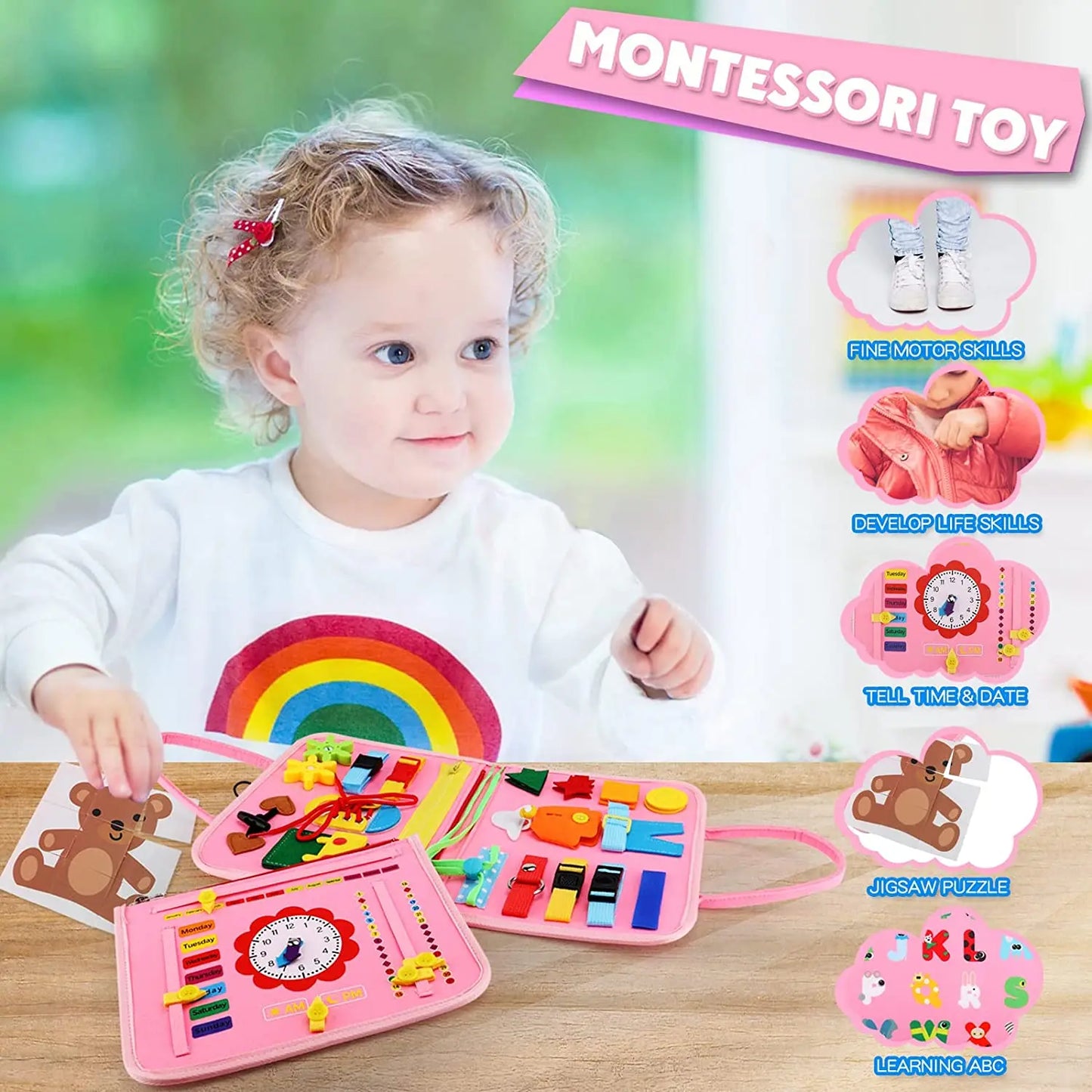 Child exploring pink Montessori busy board with gears and practical life tools