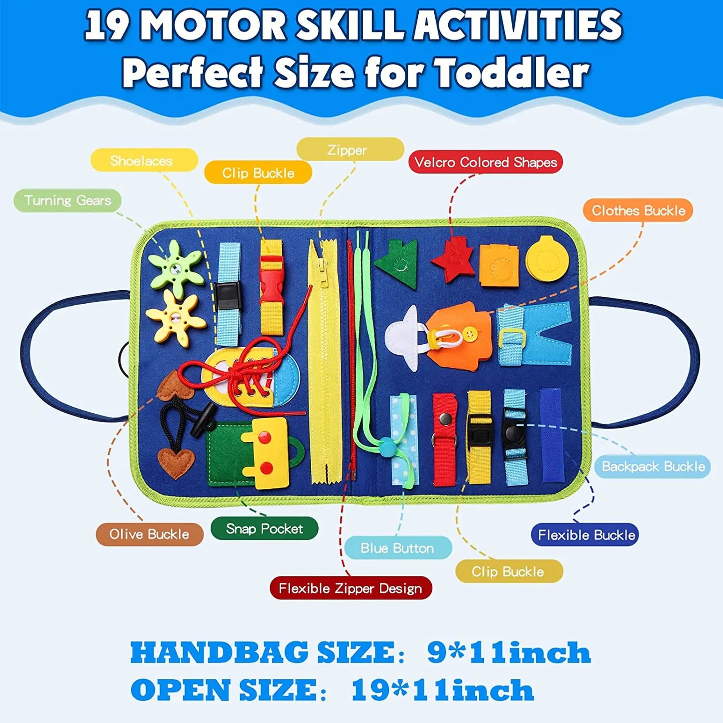 Blue Montessori activity board featuring shoelaces, gears, and snap pockets