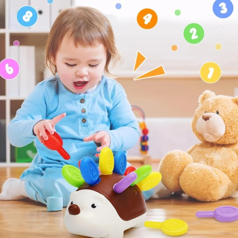 Montessori sensory hedgehog toy featuring vibrant numbered pegs to enhance toddlers’ hand-eye coordination and counting skills.