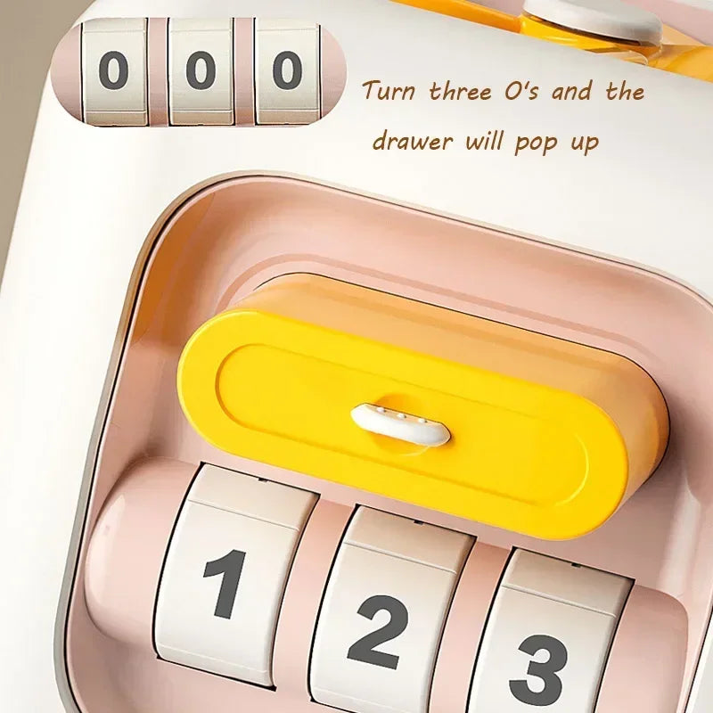 Educational toddler activity cube featuring a lock drawer and spinning fan