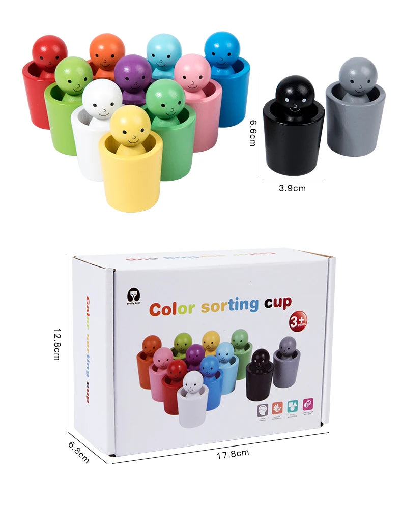 Box of close-up of Montessori wooden colour sorting peg set with brightly coloured cups and pegs for sensory and motor skill play.