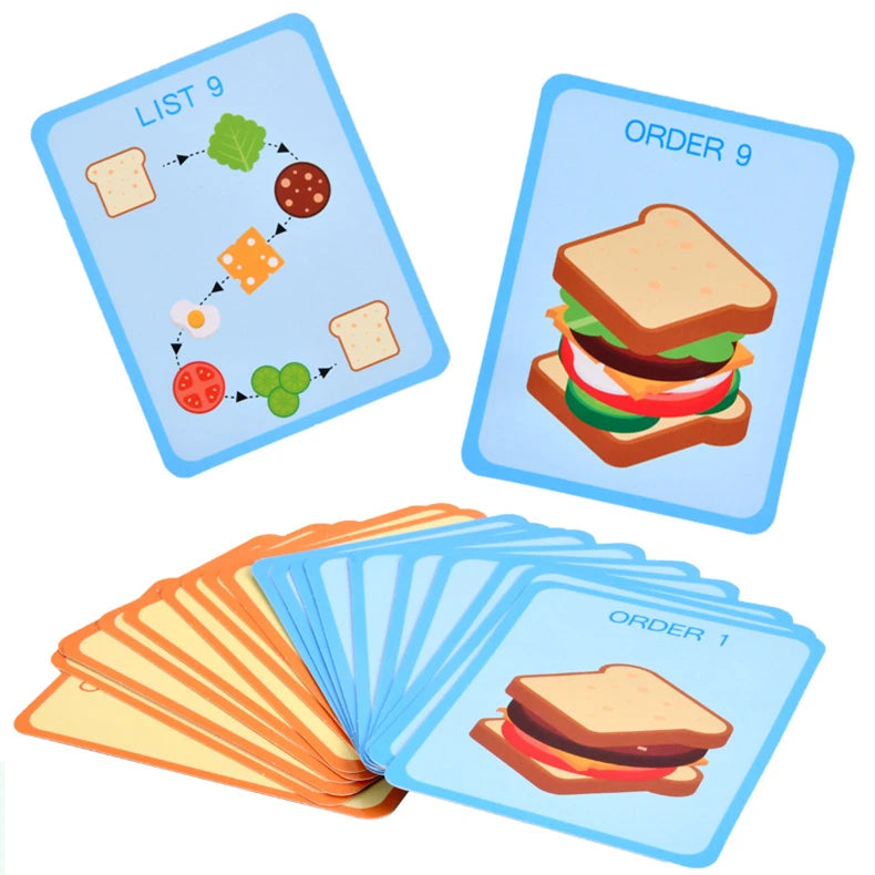 Interactive sandwich stacking toy encouraging imaginative play and cognitive skills in children with cards