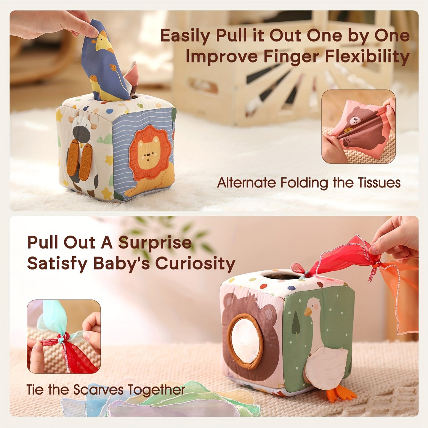 Colorful tissue play box toy encouraging sensory play and improving fine motor skills in infants and toddlers.