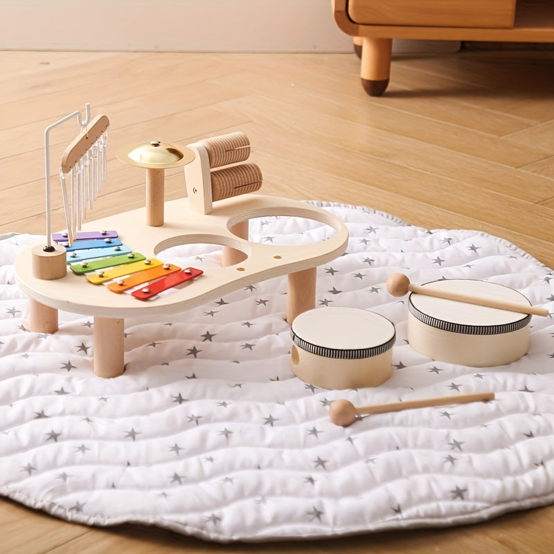 Early learning musical toy with xylophone, drum pad, and cymbal, perfect for toddlers’ sensory and motor skill growth.