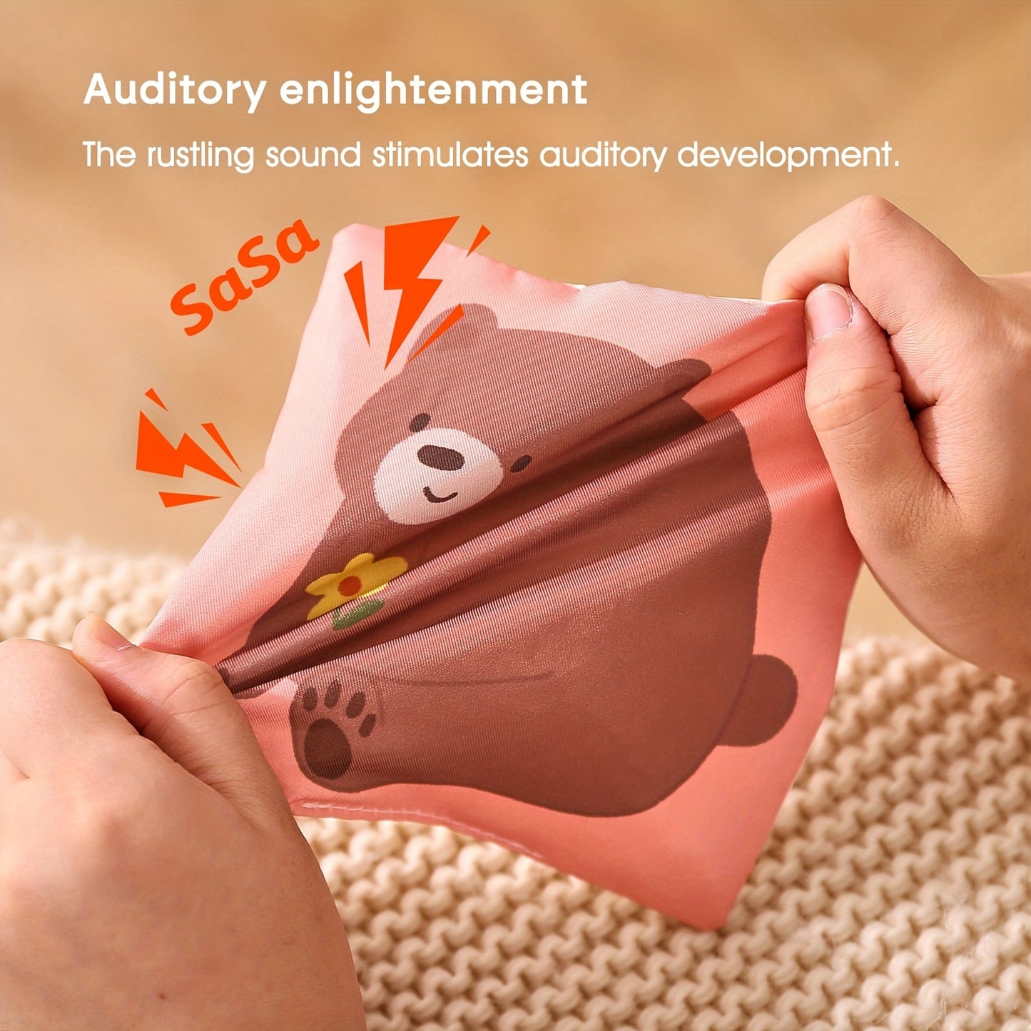 Soft fabric tissues in a toddler play box toy designed for sensory exploration and improving finger dexterity.