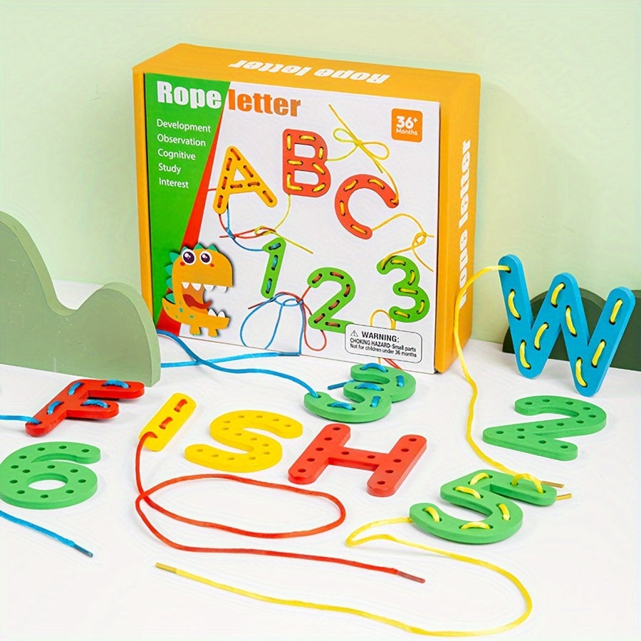 Educational wooden threading set with vibrant letters and numbers for preschool learning.